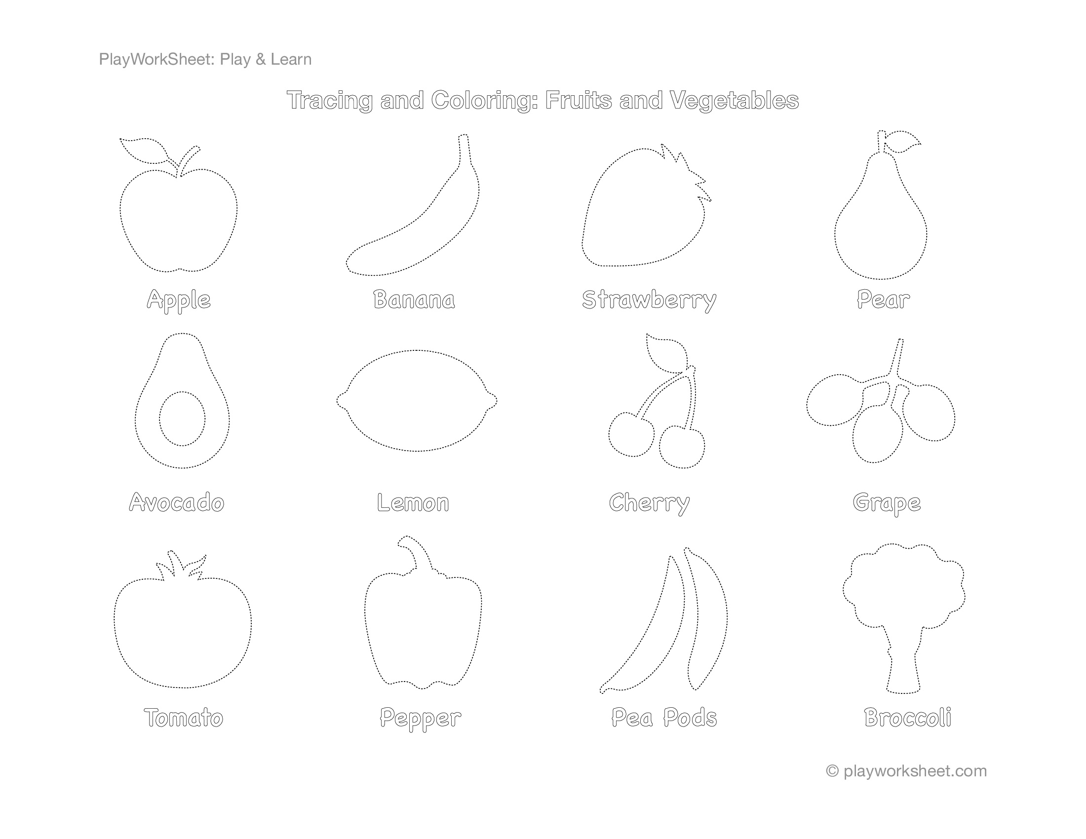 Fun With Fruits And Veggies Tracing And Coloring Printable Page 