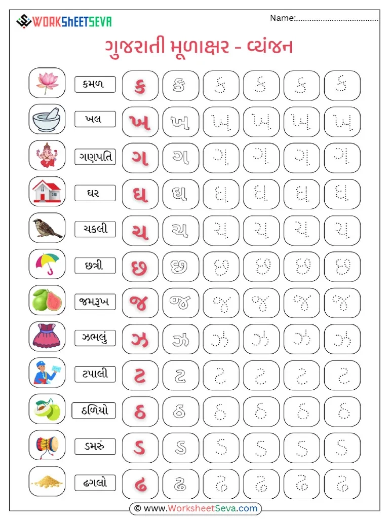 Gujarati Alphabet Tracing Worksheet PDF