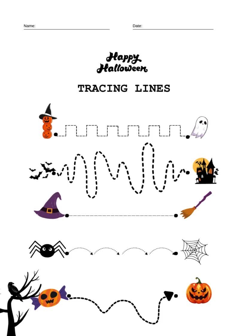 Halloween Tracing Lines Worksheet Bundle Homeschool Kindergarten Printable 
