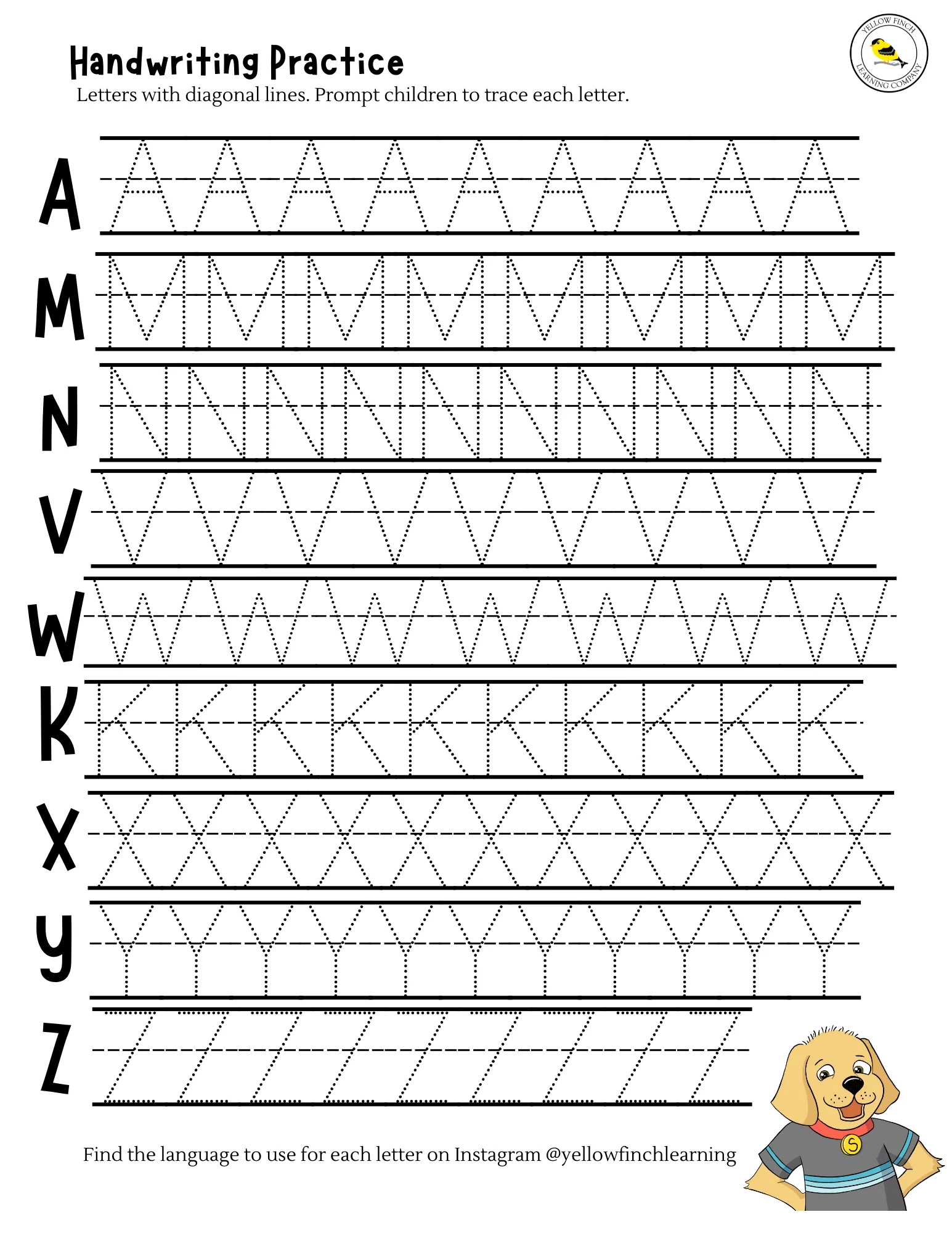 Handwriting Practice Slanted Lines FREE DOWNLOAD Yellow Finch 