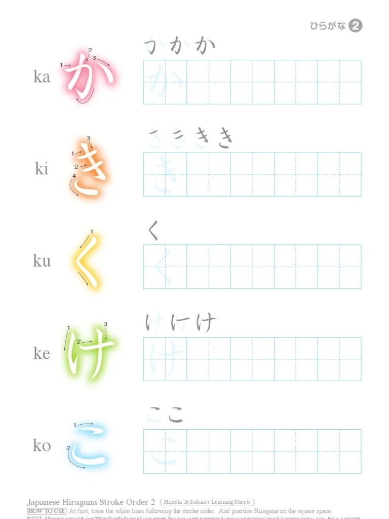 Hiragana Printable Practice Sheet 1ST Line Ka Ki Ku Ke Ko PDF