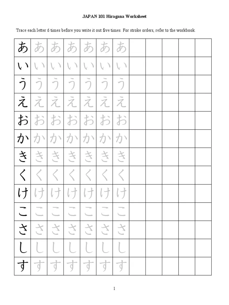 Hiragana Worksheets PDF