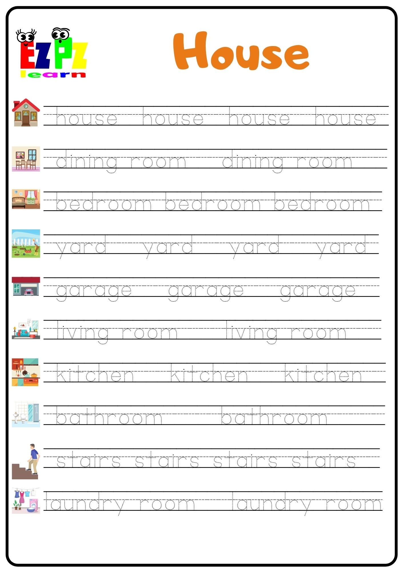 House Rooms Word Tracing Worksheet Ezpzlearn House Rooms Word Tracing Worksheet Ezpzlearn