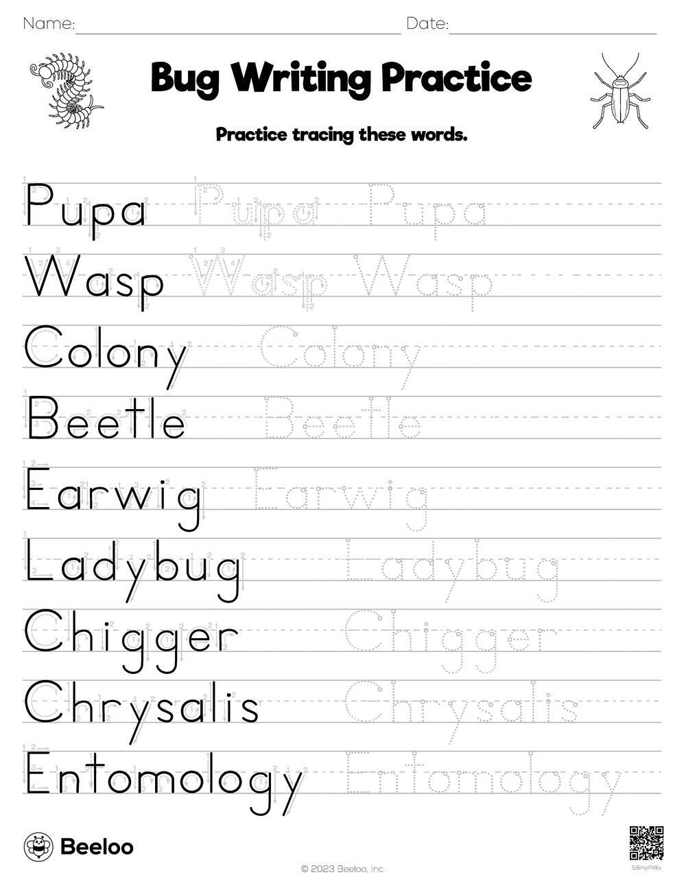 Insect themed Word Tracing Worksheets Beeloo Printable Crafts 