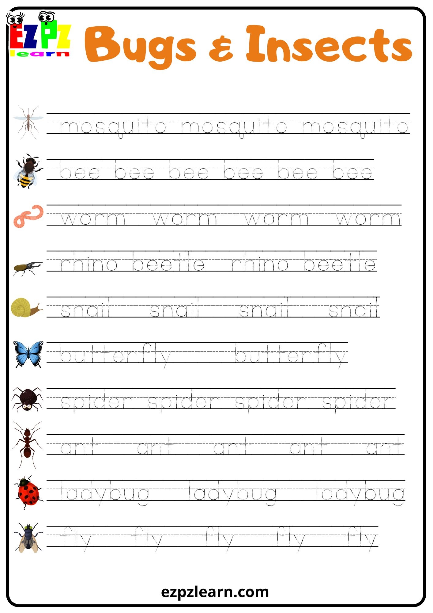 Insects amp Bugs Word Tracing Worksheet Ezpzlearn