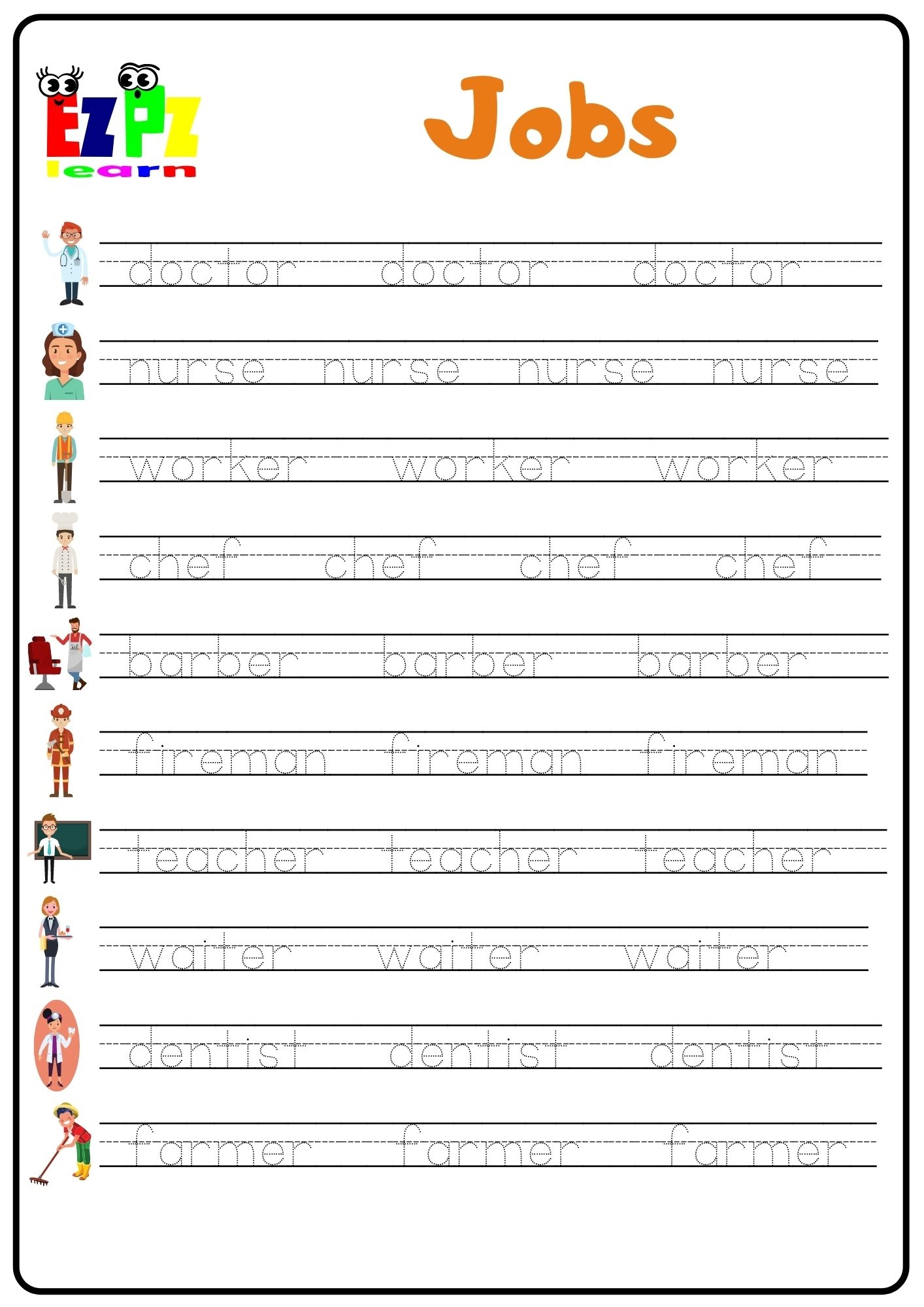 Jobs 1 Word Tracing Worksheet Ezpzlearn