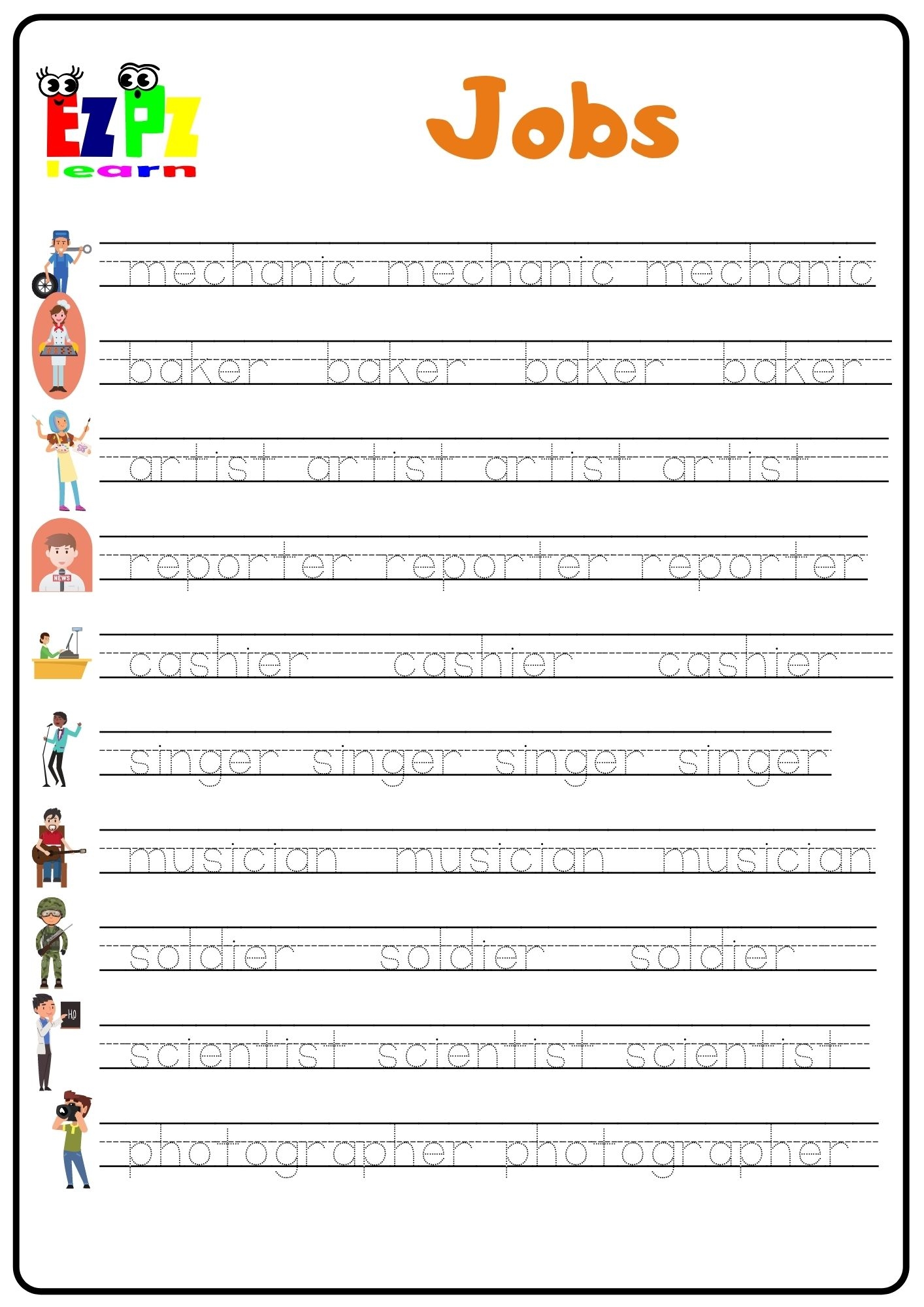 Jobs2 Word Tracing Worksheet Ezpzlearn