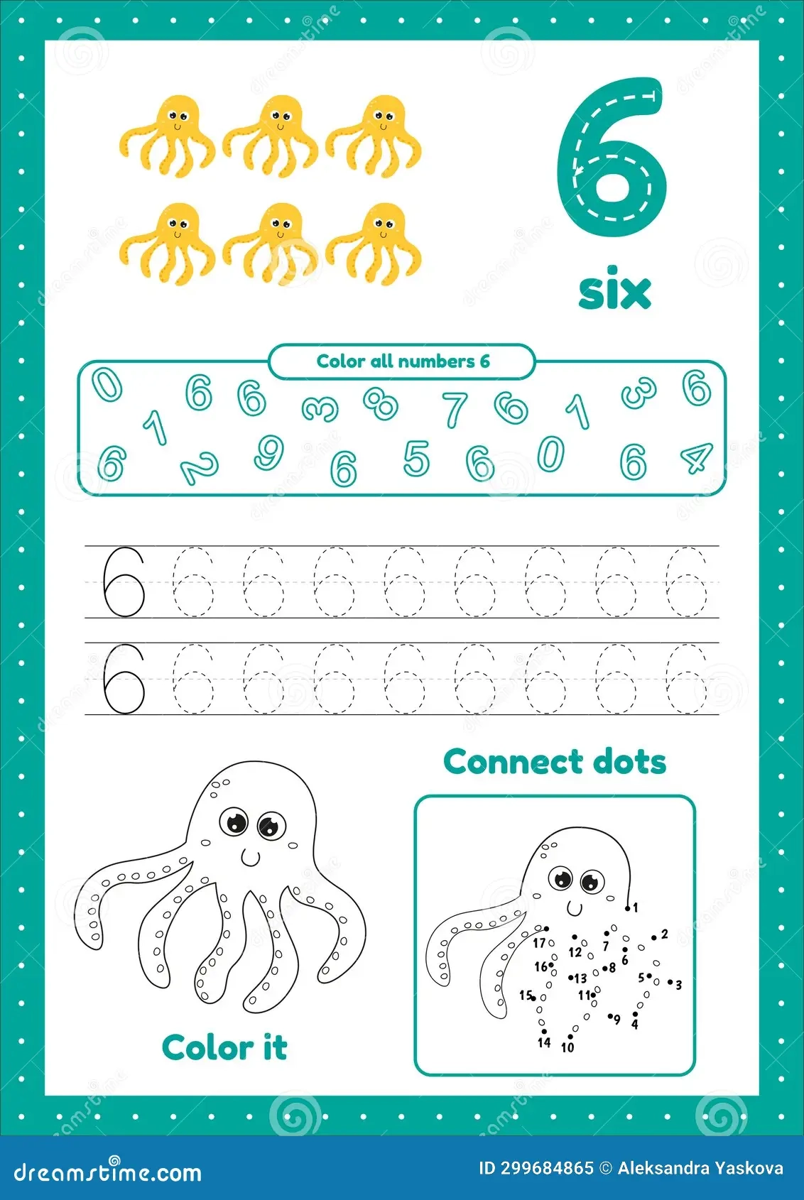 Kids Activity Page Learn Number Six Coloring Tracing Octopus 