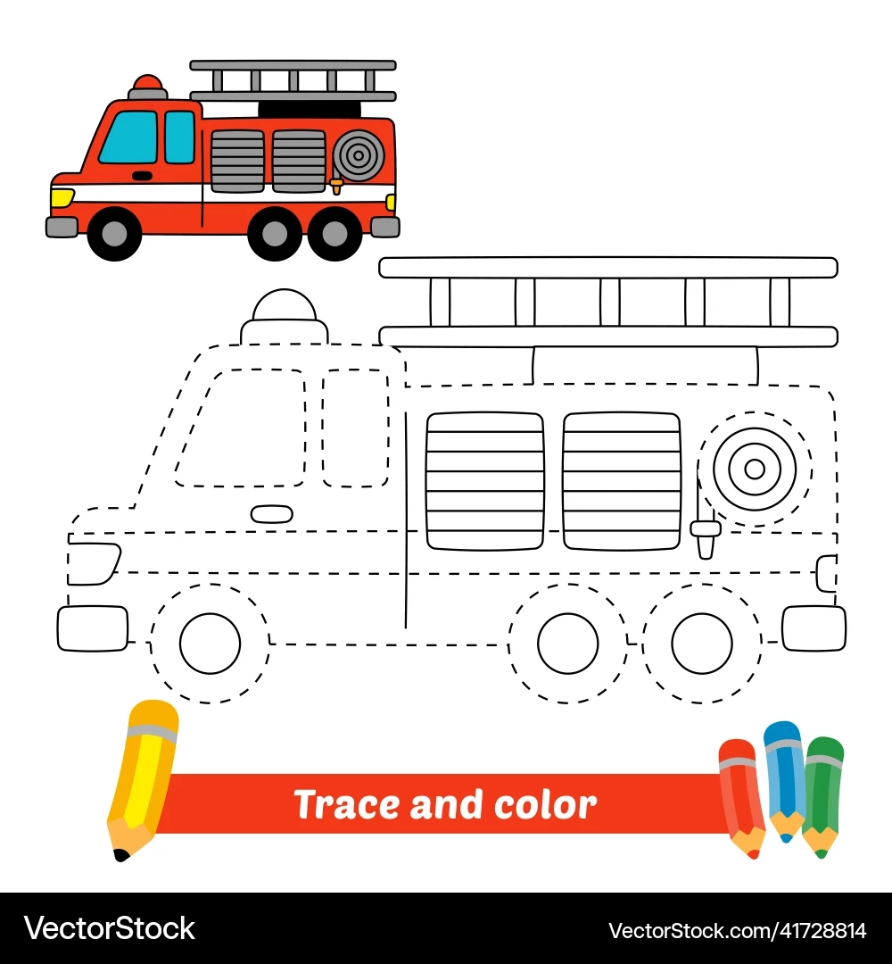 Kids Fire Truck Trace amp Color Activity Royalty Free Vector 