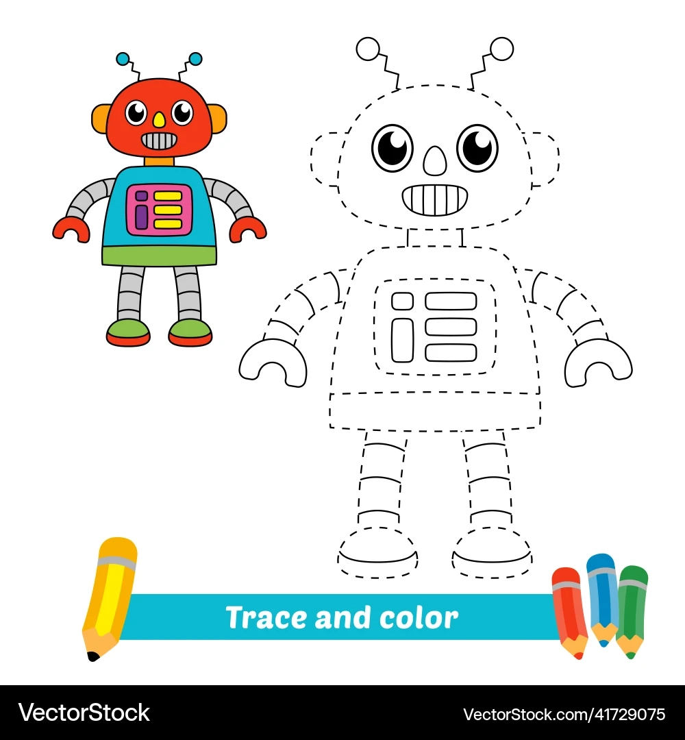 Kids Robot Trace amp Color Worksheet Royalty Free Vector VectorStock