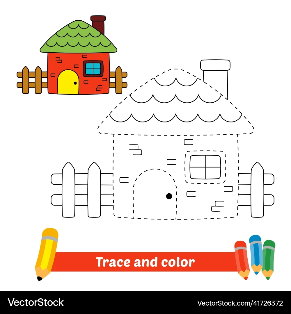 Kids Trace amp Color House Worksheet Royalty Free Vector VectorStock