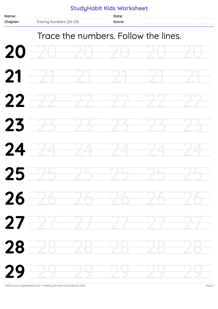 Number 21 Tracing Worksheets
