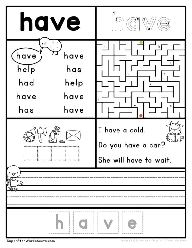 Kindergarten Sight Words Superstar Worksheets