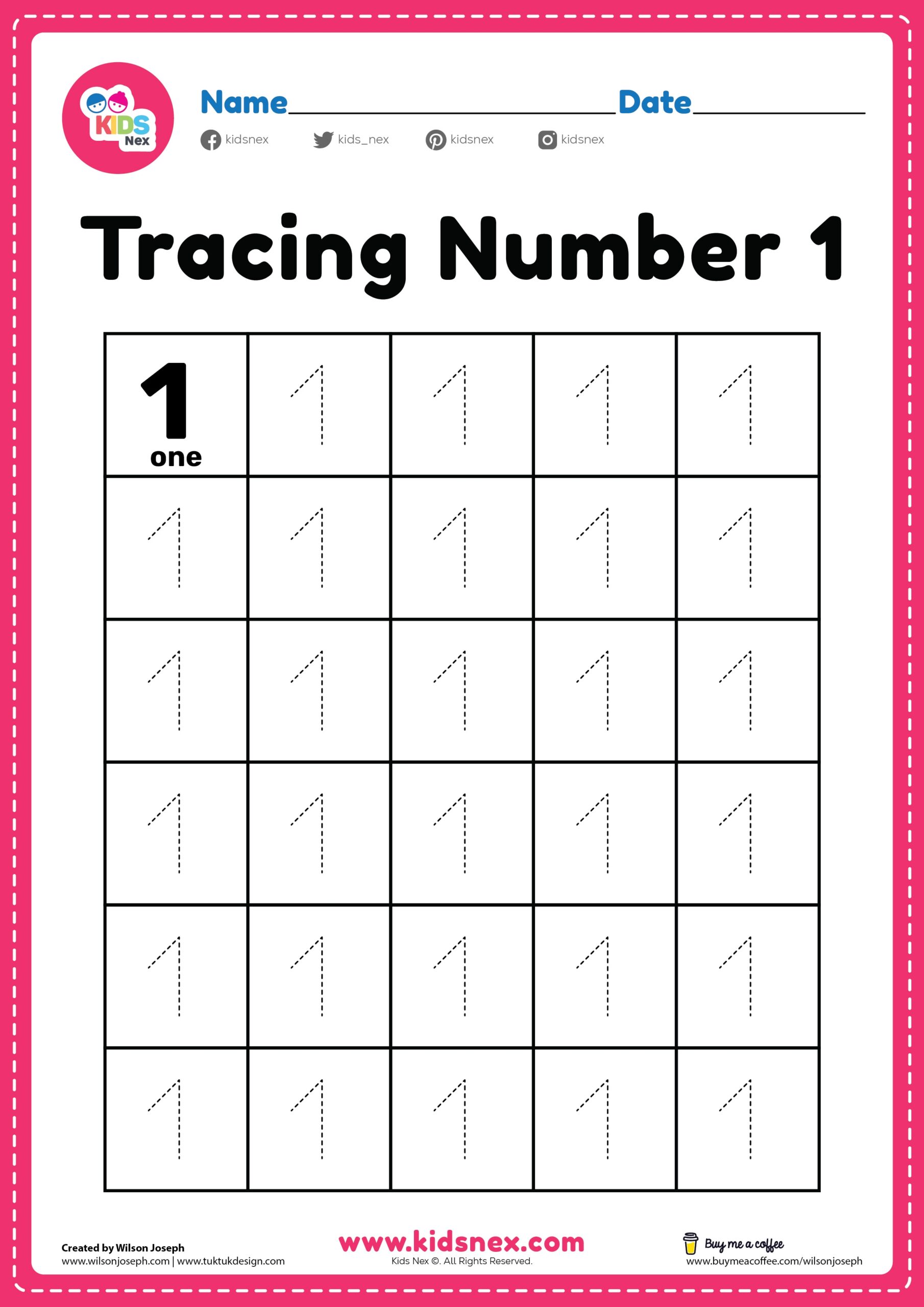 Tracing Number One Worksheets