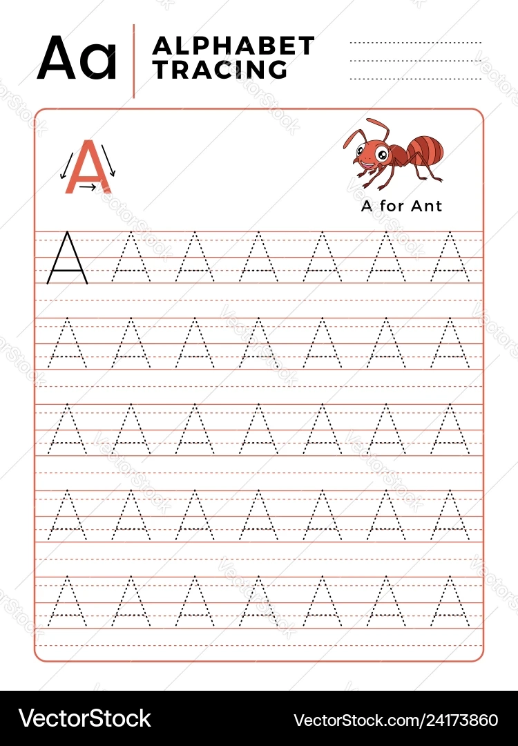 Letter A Alphabet Tracing Book With Example Royalty Free Vector 