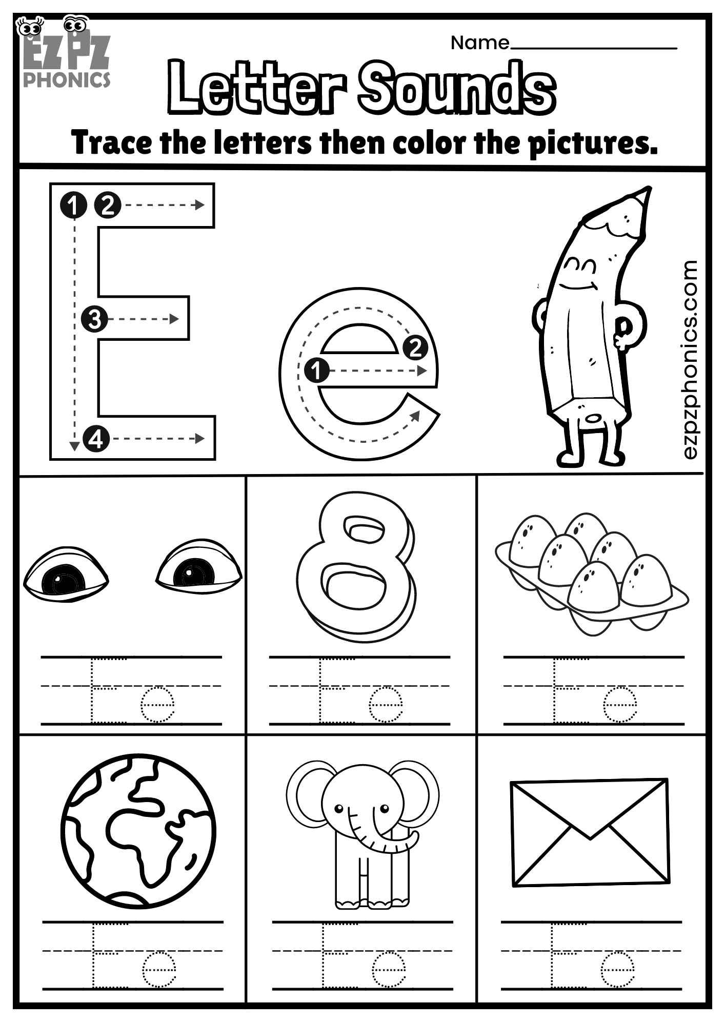 Letter Ee Trace And Color The Pictures Free PDF Download 