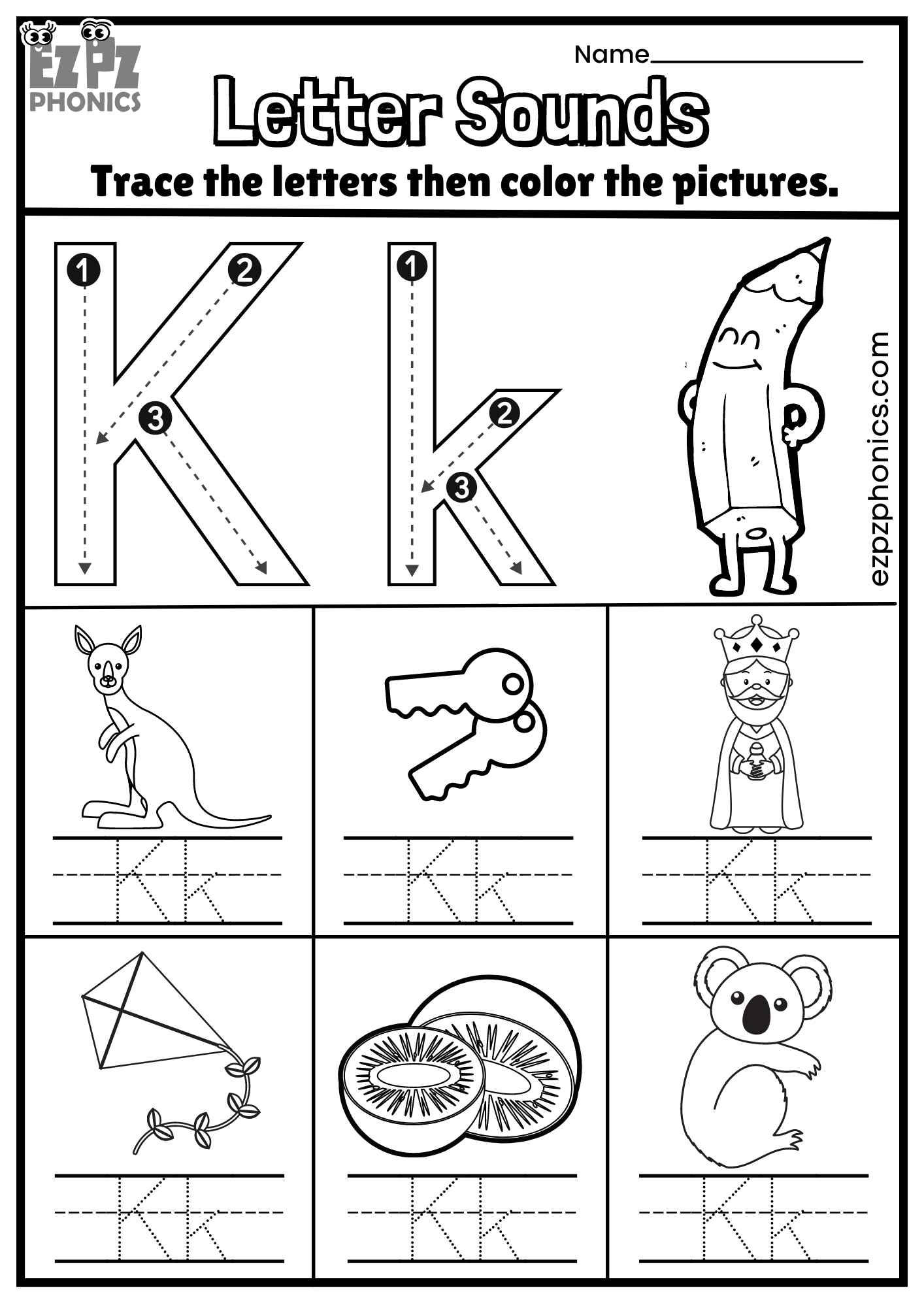 Letter Kk Trace And Color The Pictures Free PDF Download 