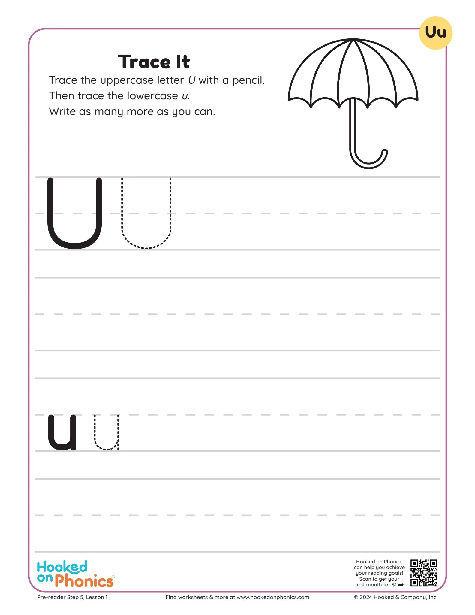 Letter U Trace It Worksheet Hooked On Phonics