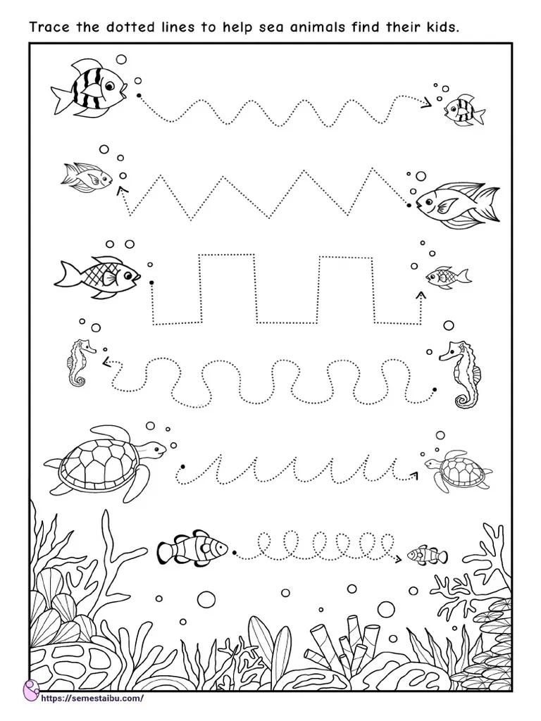 Line Tracing Kindergarten Worksheets Sea Animals PDF