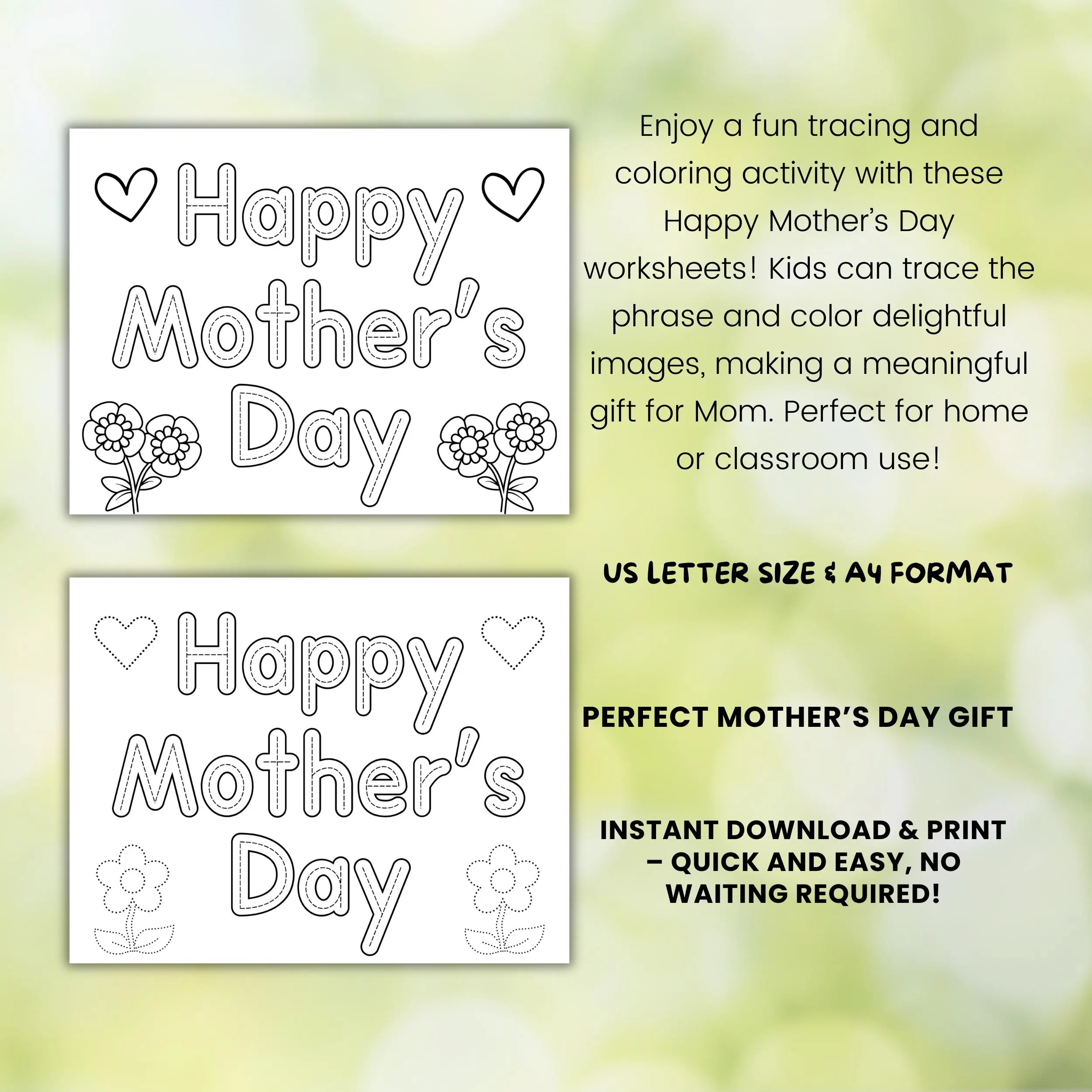 Mother s Day Tracing Worksheet Kids Activity Printable Gift PDF 