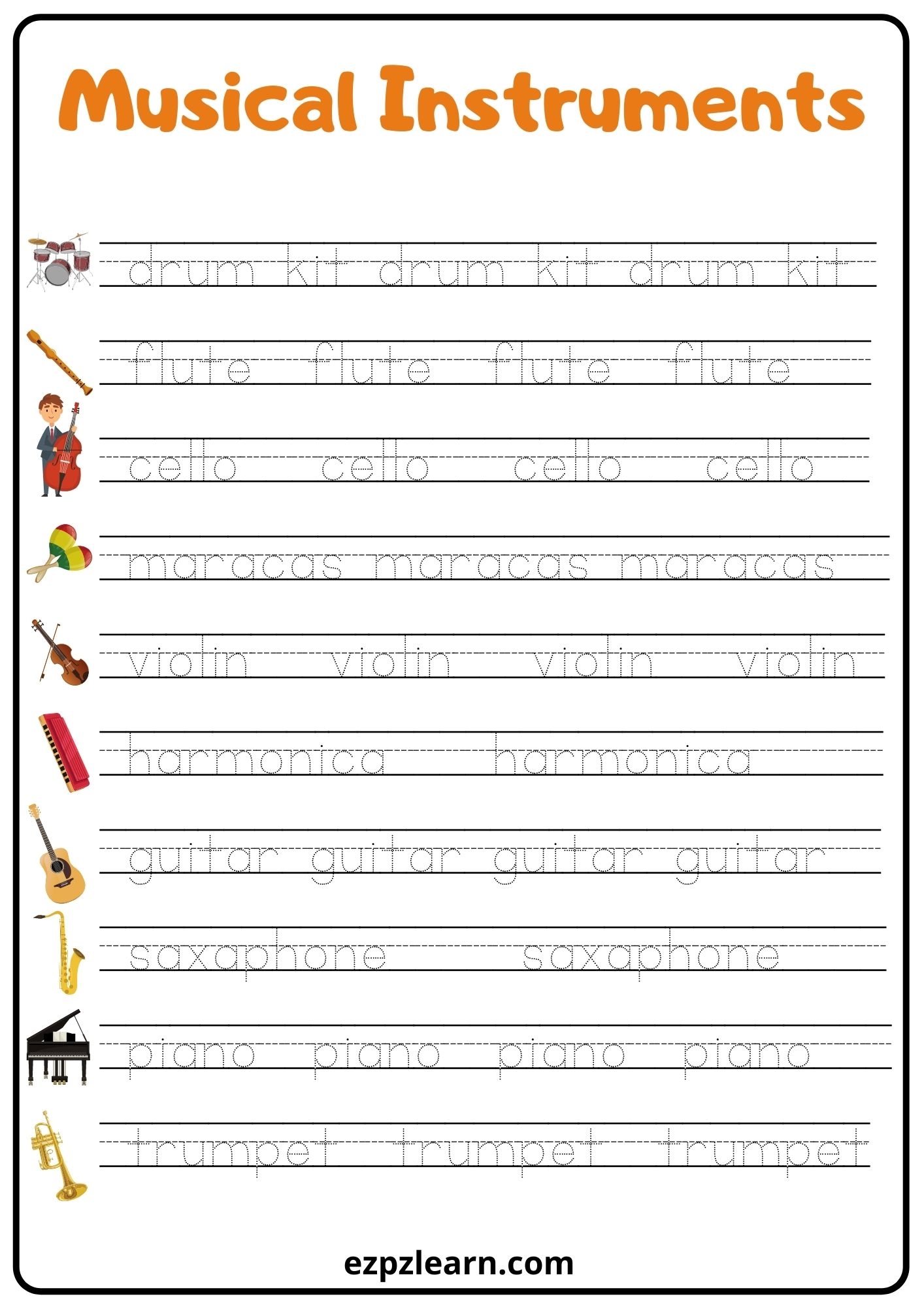 Musical Instruments Word Tracing Worksheet Ezpzlearn