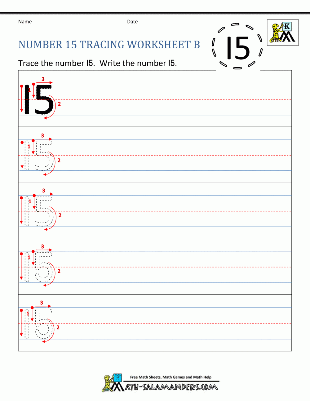 Number 15 Tracing Worksheet