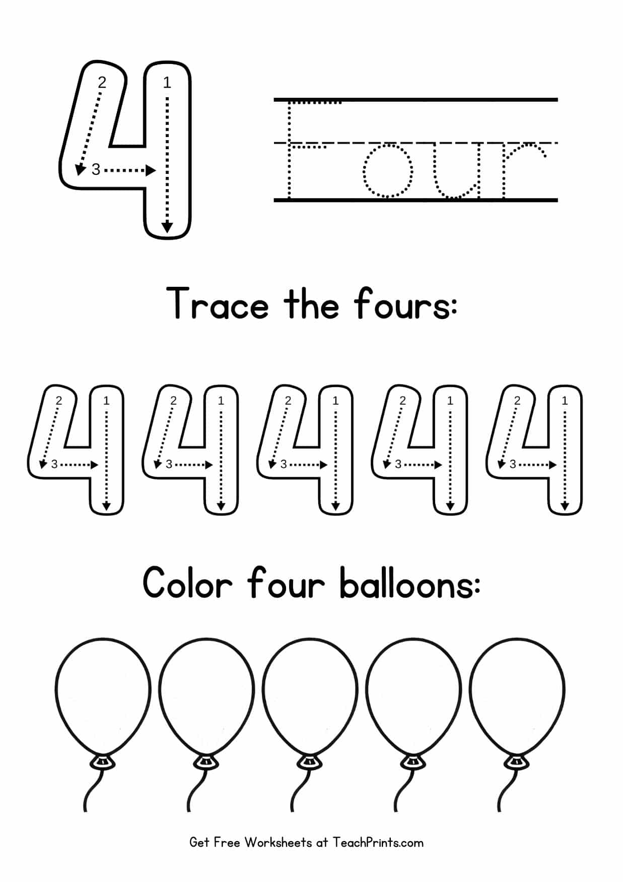 Free Number 4 Tracing Worksheets