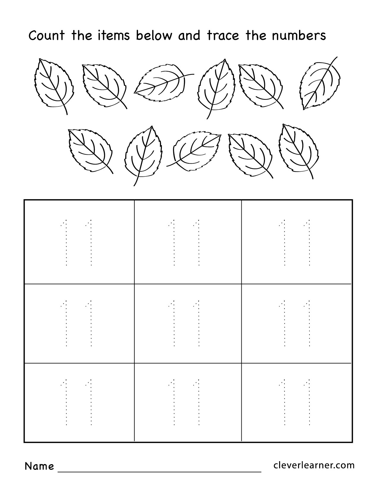 Number Eleven Writing Counting And Identification Printable 