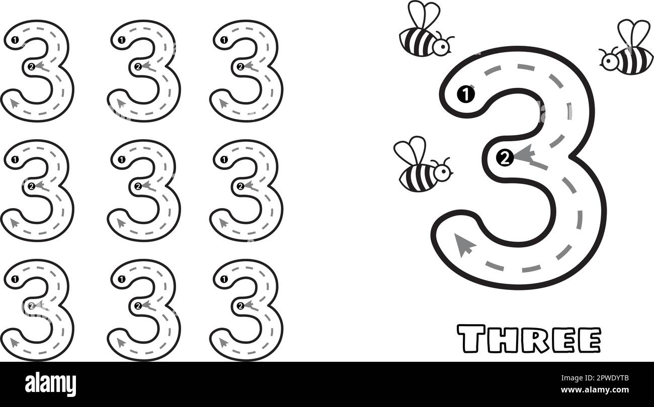 Number Three Trace Practice Worksheet For Prek Kids And Toddlers 