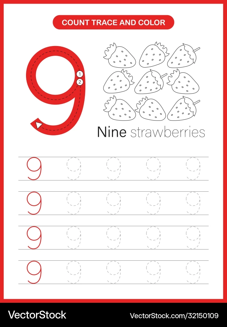 Number Trace And Colour Worksheet 9 Royalty Free Vector 