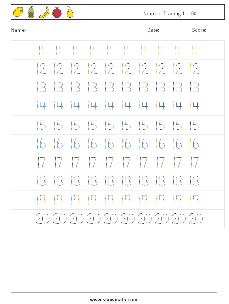 Number Tracing 1 100 Math Worksheets Math Practice For Kids 