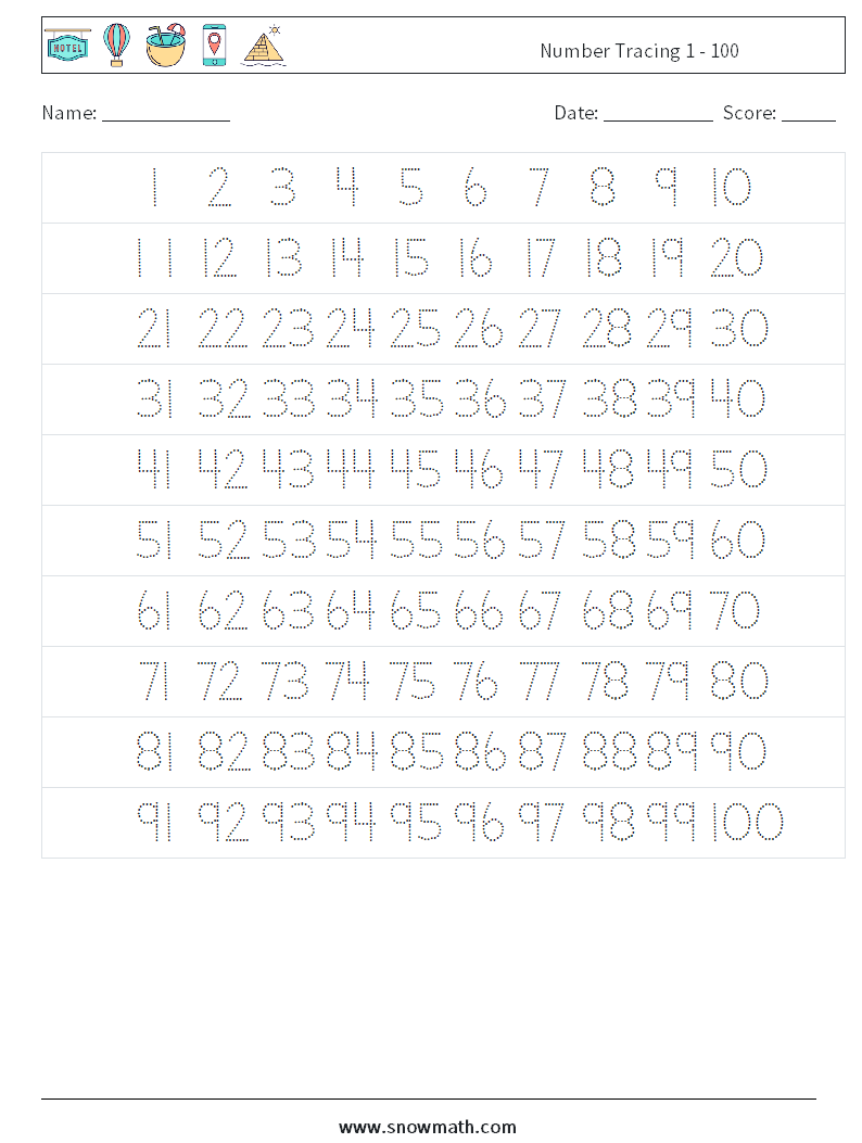 Number Tracing 1 100 Math Worksheets Math Practice For Kids 