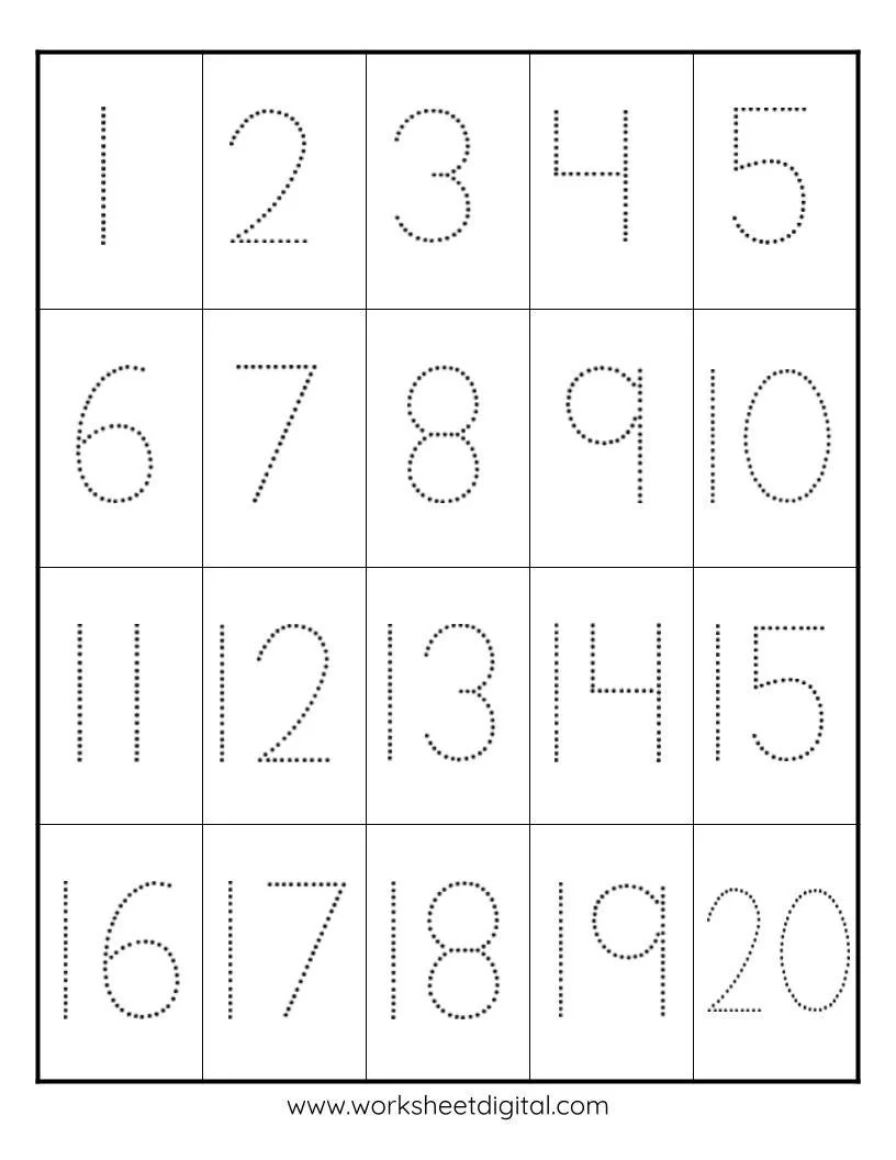 Number Tracing Worksheet 1 20 Preschool Kindergarten PDF File 
