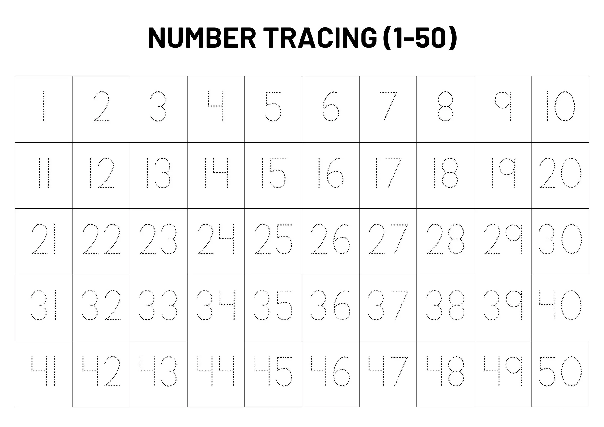 1 To 50 Number Tracing Worksheets