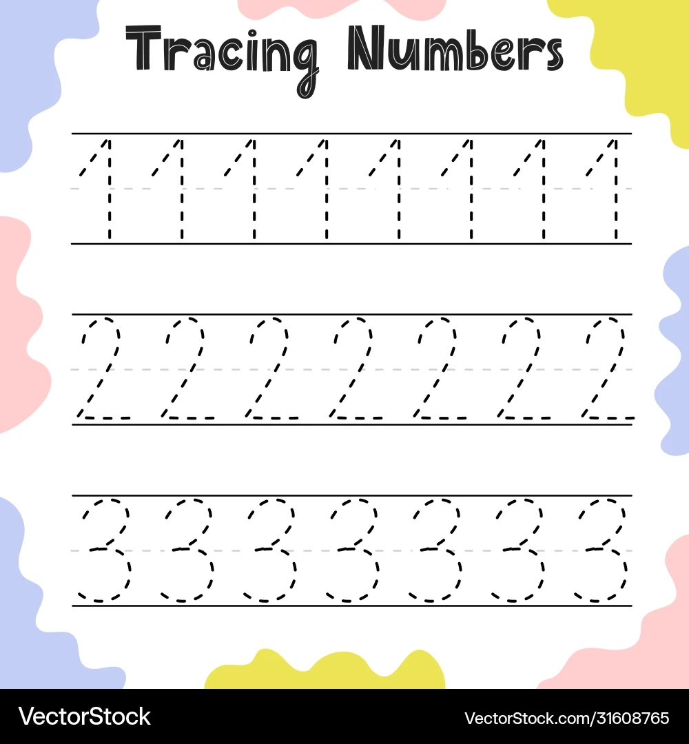 Numbers 1 2 3 Tracing Worksheet For Kids Royalty Free Vector 