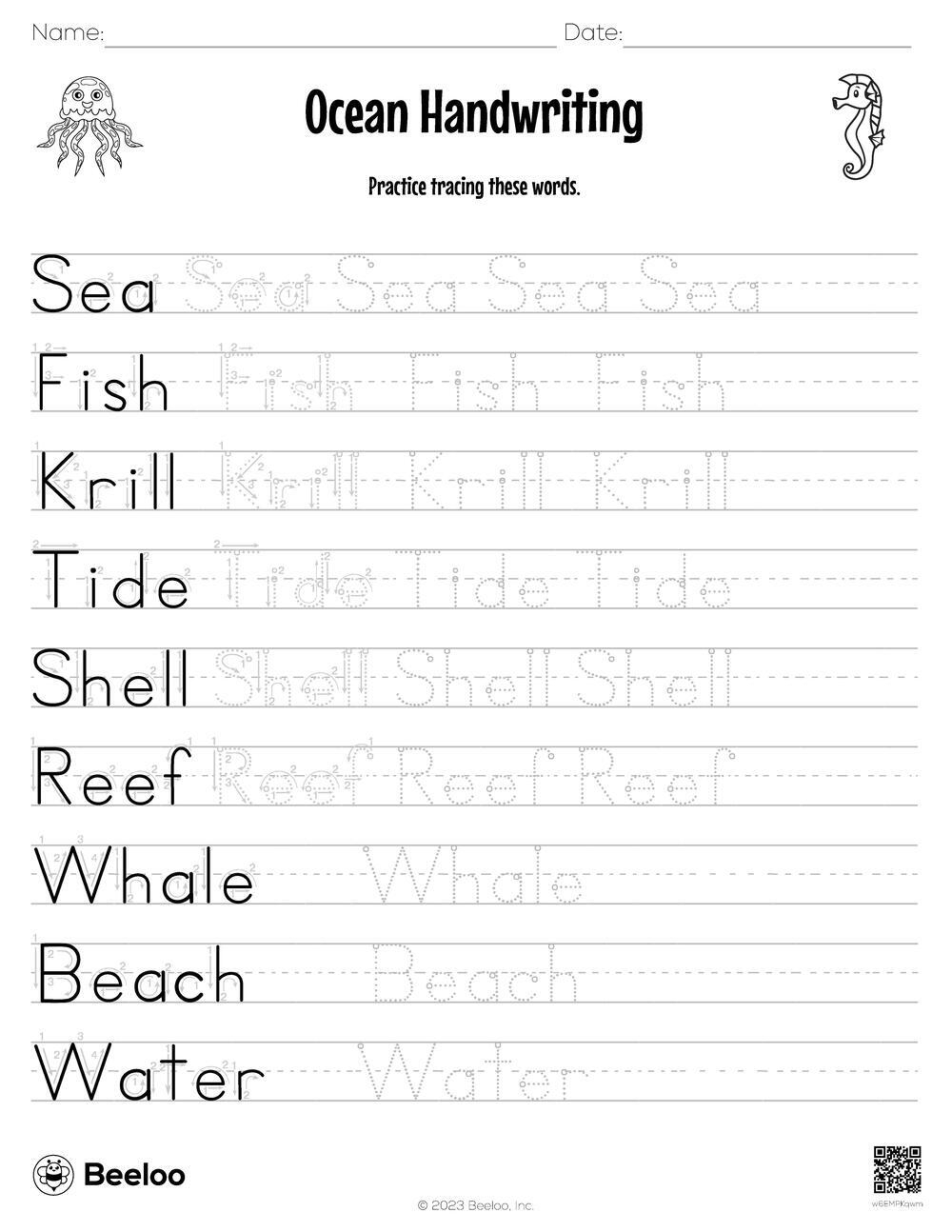 Ocean themed Word Tracing Worksheets Beeloo Printable Crafts And 