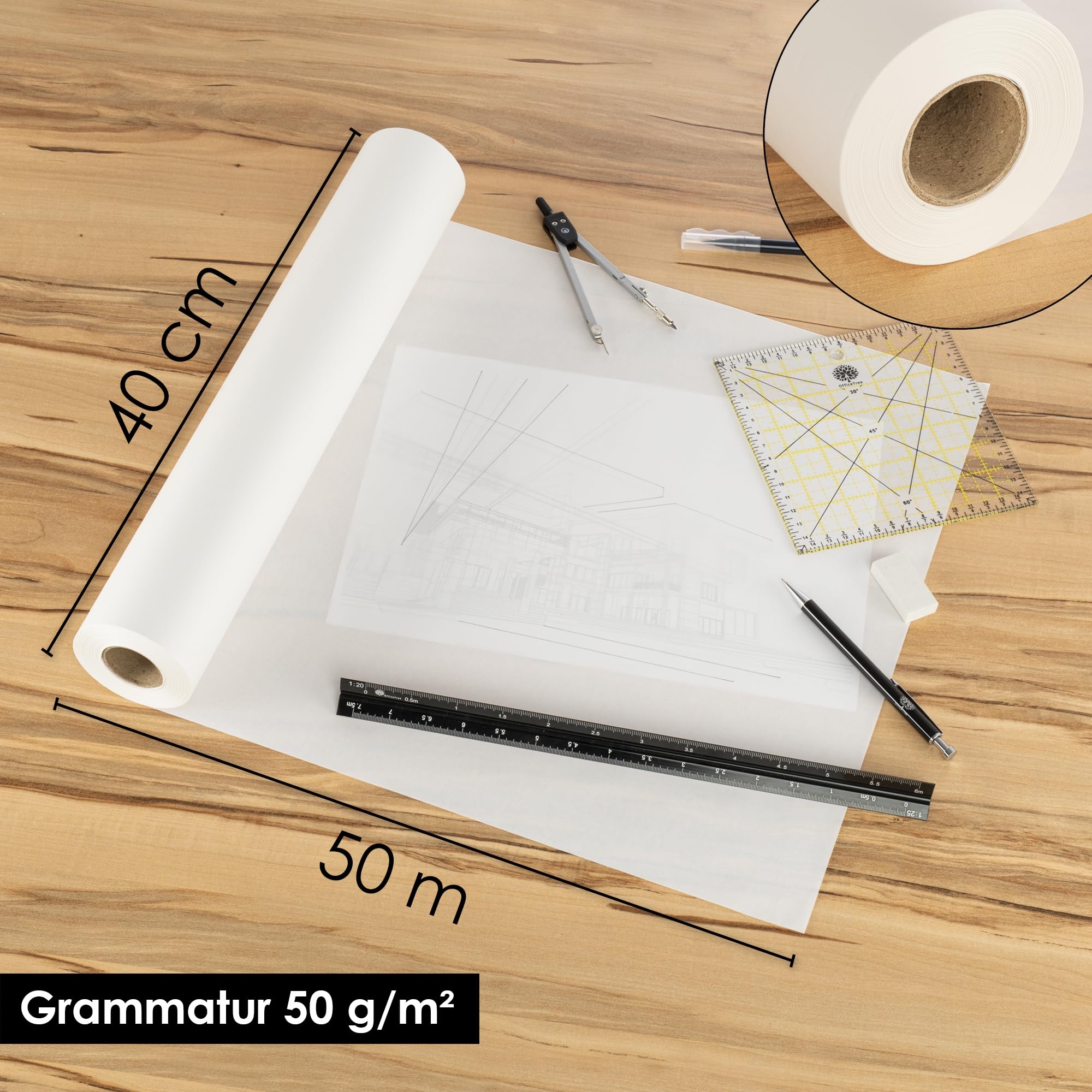OfficeTree 50 M Tracing Paper Roll White Sketch Roll 40 Cm Wide 50 G Sewing Pattern Paper Roll Parchment Paper Roll Tracing Paper For Sewing 
