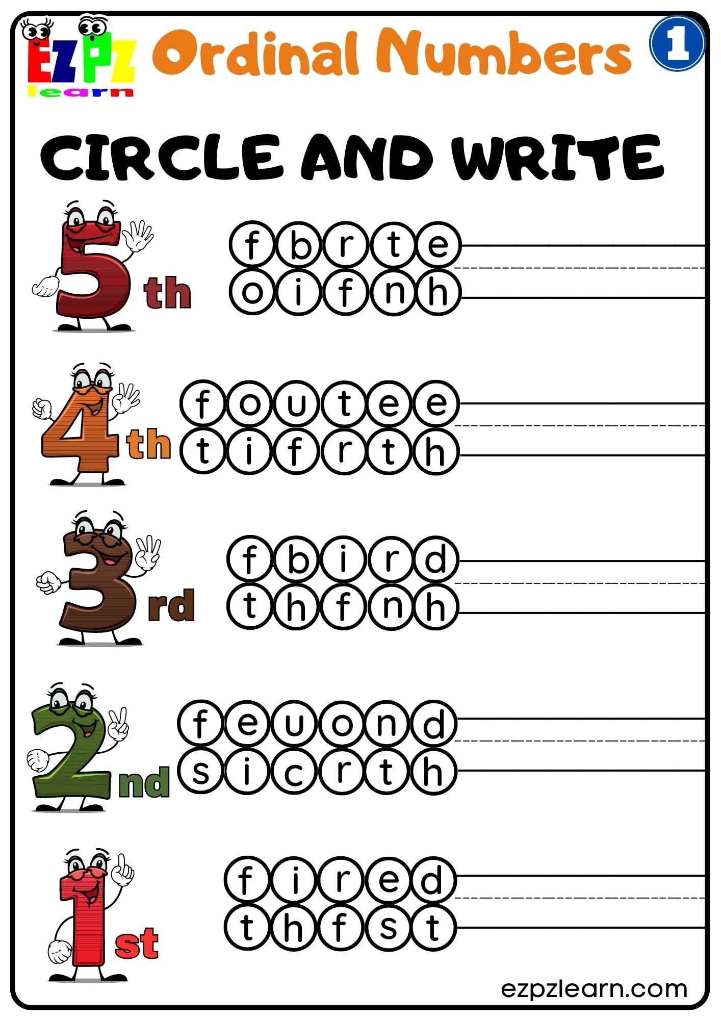 Ordinal Numbers Circle And Write Number 1 Ezpzlearn