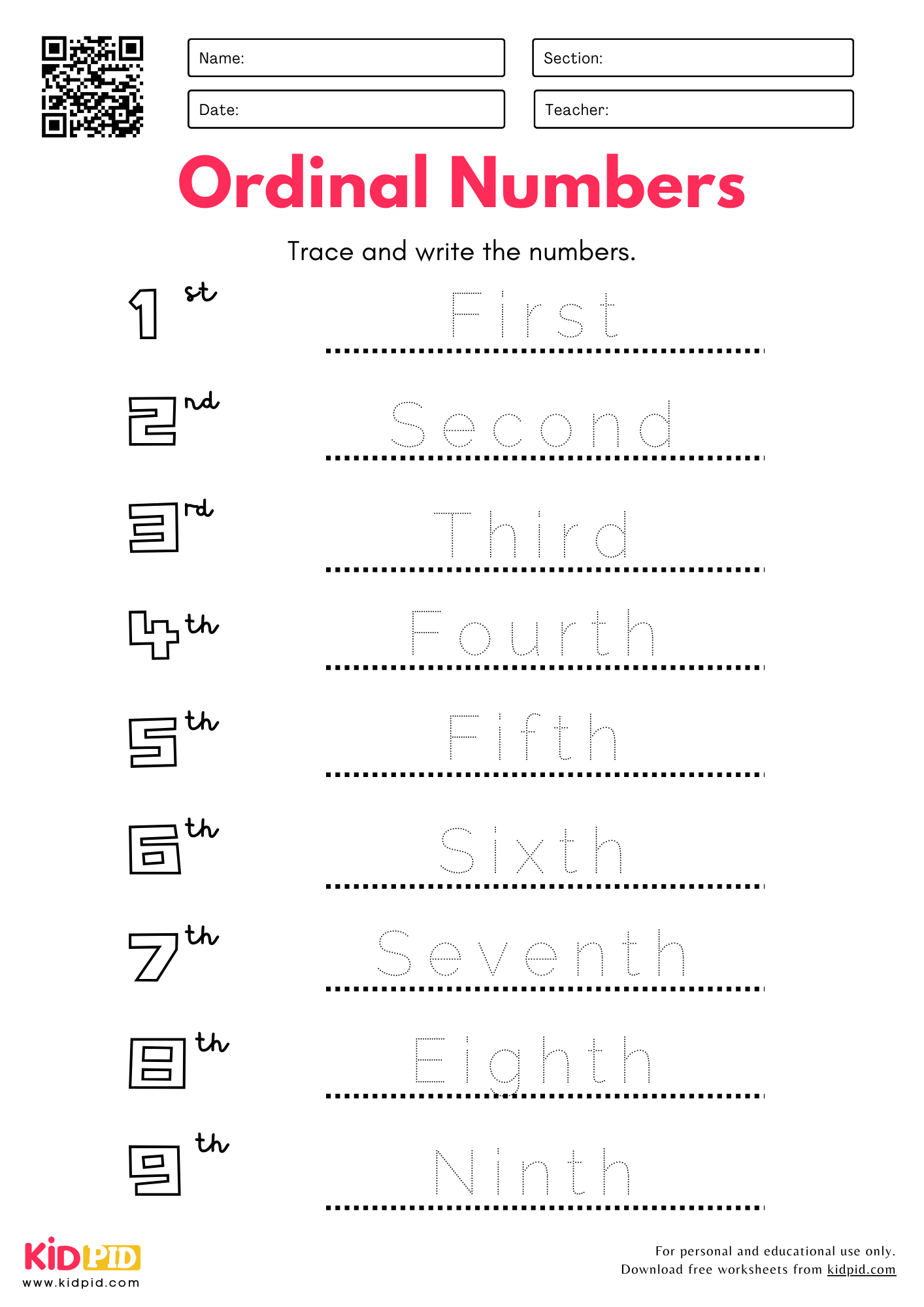 Ordinal Numbers Tracing Worksheet For Grade 1 Kidpid
