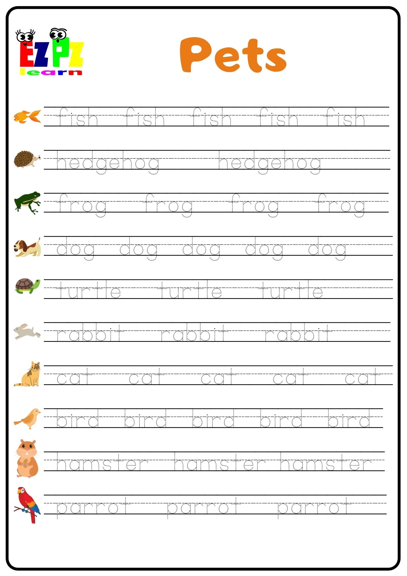 Pets Word Tracing Worksheet Ezpzlearn