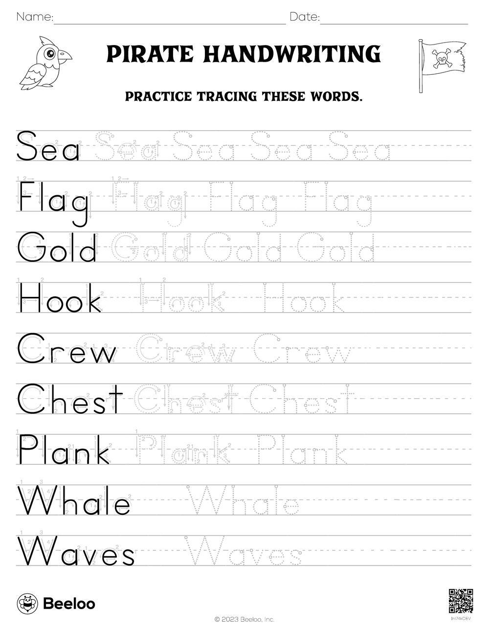 Pirate themed Word Tracing Worksheets Beeloo Printable Crafts 