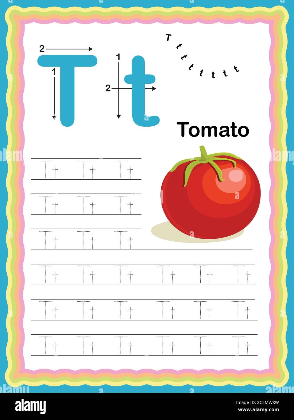 Preschool Colorful Letter T Uppercase And Lowercase Tracing 