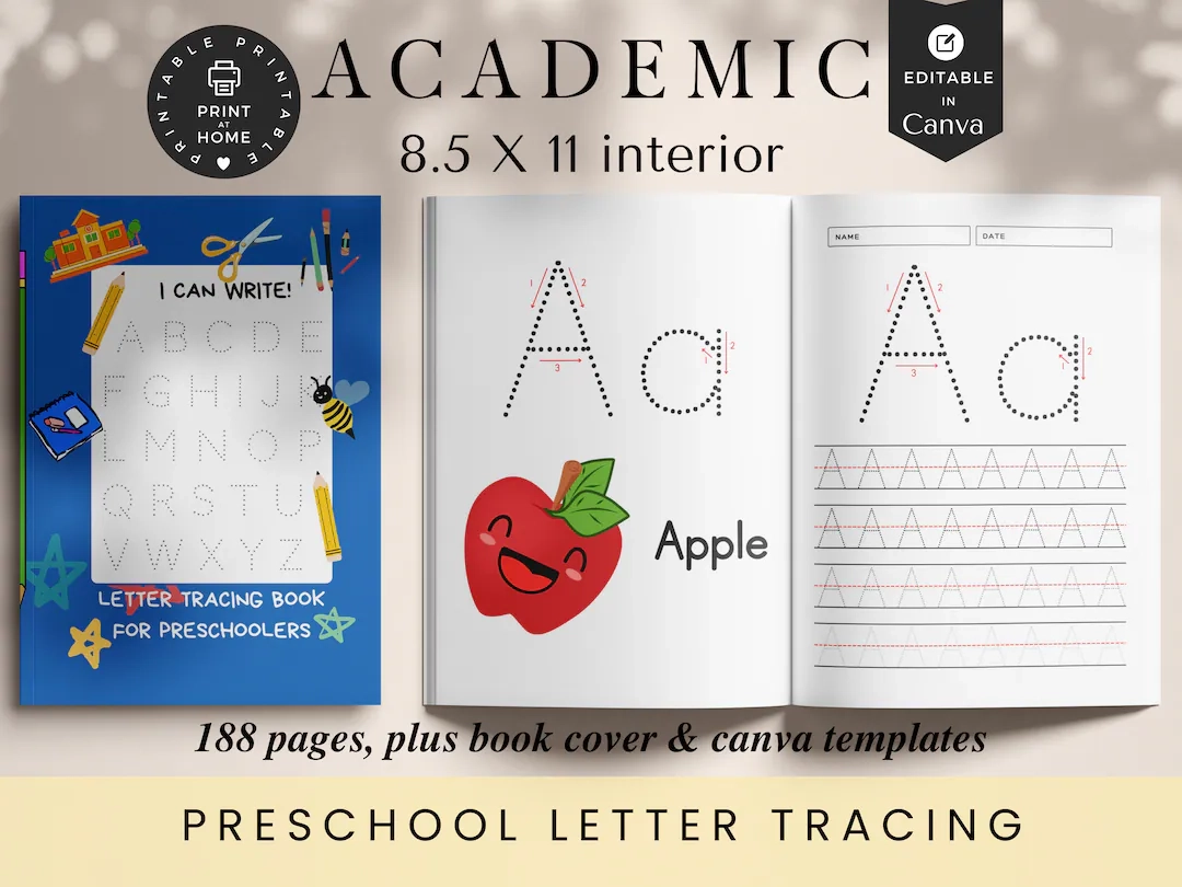 Preschool Letter Tracing KDP Interiors Plus Book Cover Editable 