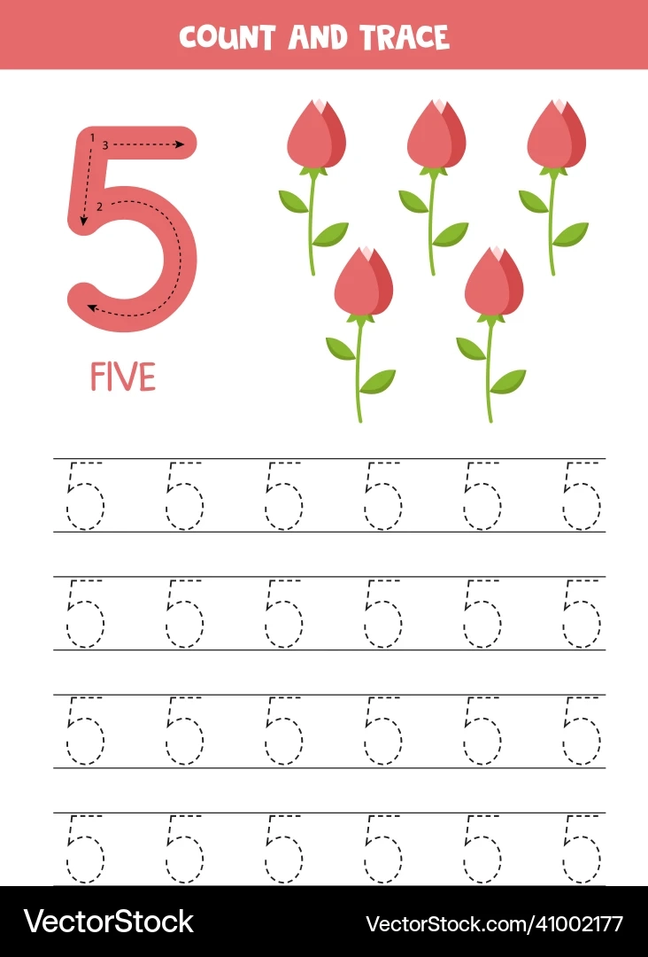 Preschool Number Five Tracing Worksheet Royalty Free Vector 