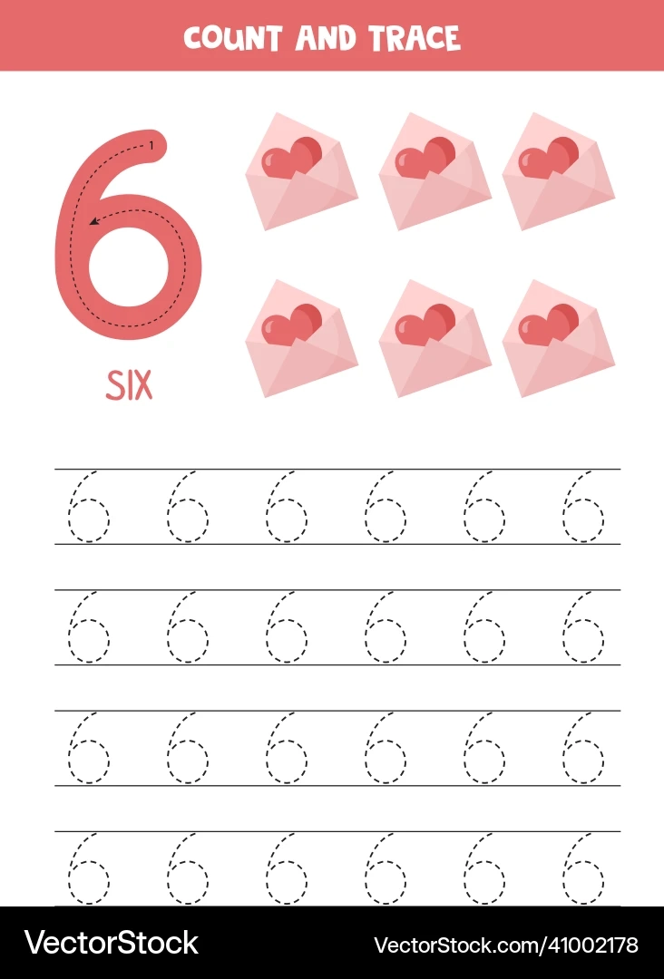 Preschool Number Six Tracing Worksheet Royalty Free Vector 
