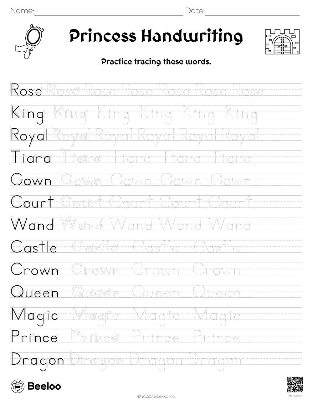 Princess themed Word Tracing Worksheets Beeloo Printable Crafts 