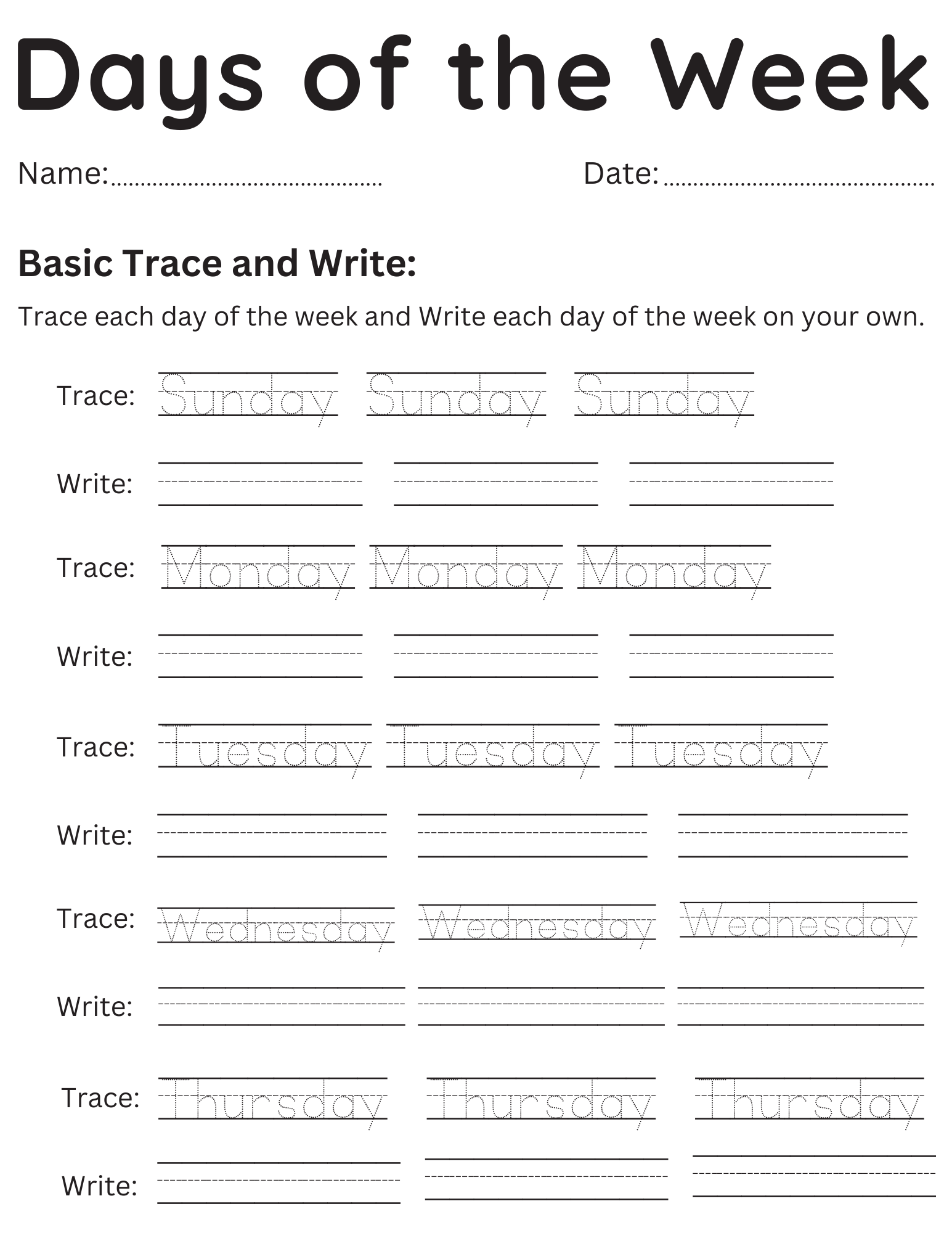 Printable Days Of The Week Trace And Write Worksheet For Printable Days Of The Week Trace And Write Worksheet For