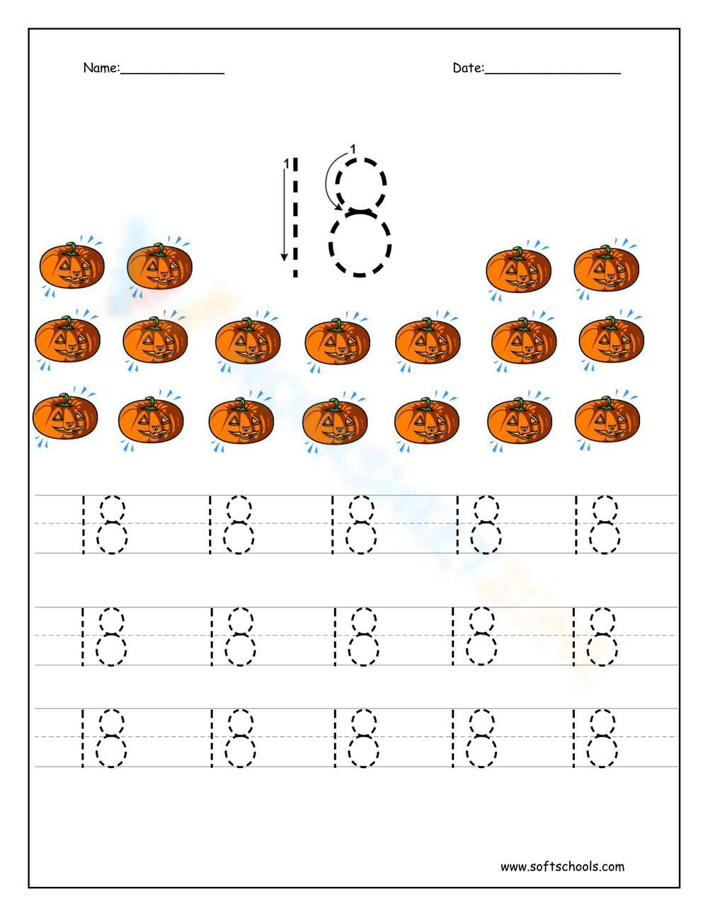 Printable Number 18 Worksheets