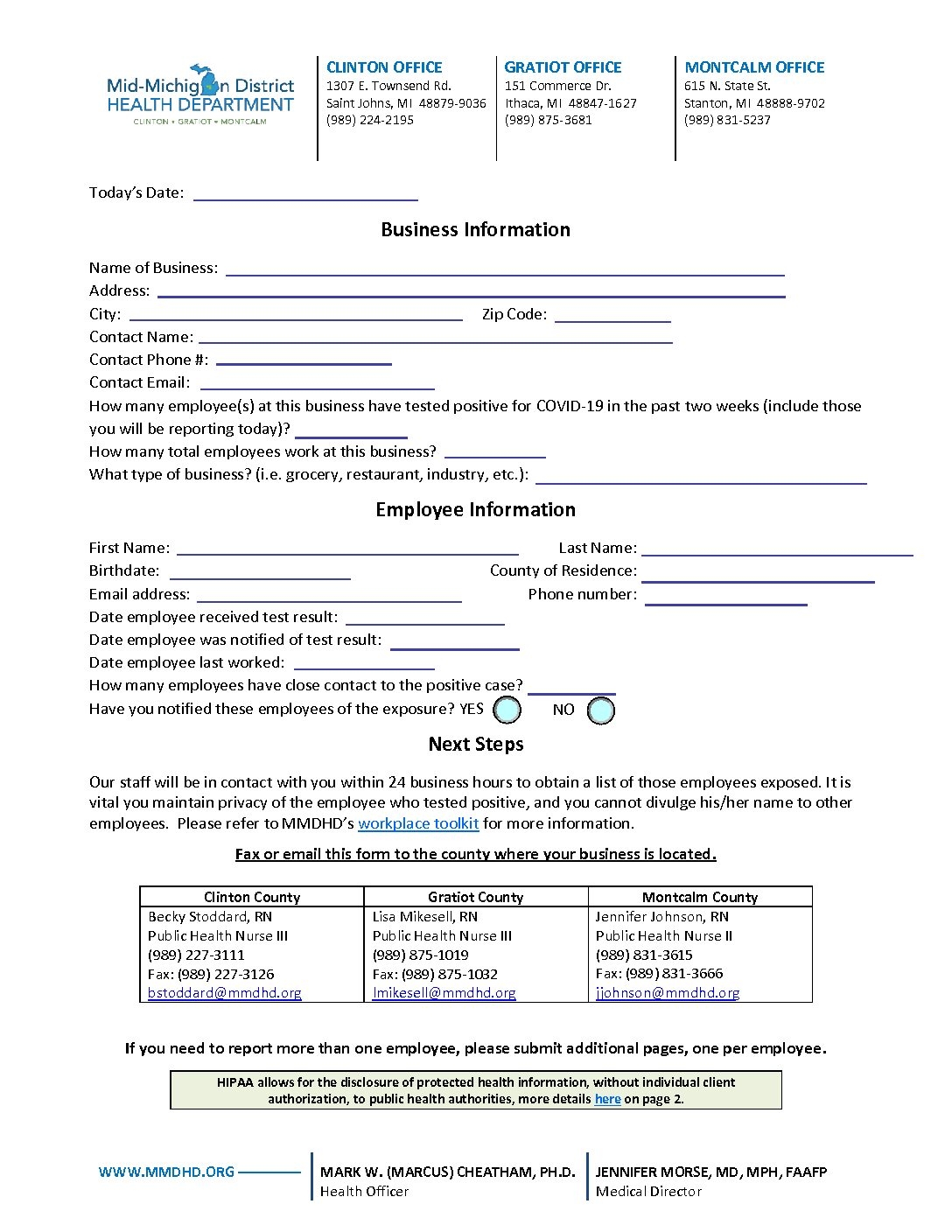 Reporting Positive Employee And Contact Tracing Form Fillable2020 