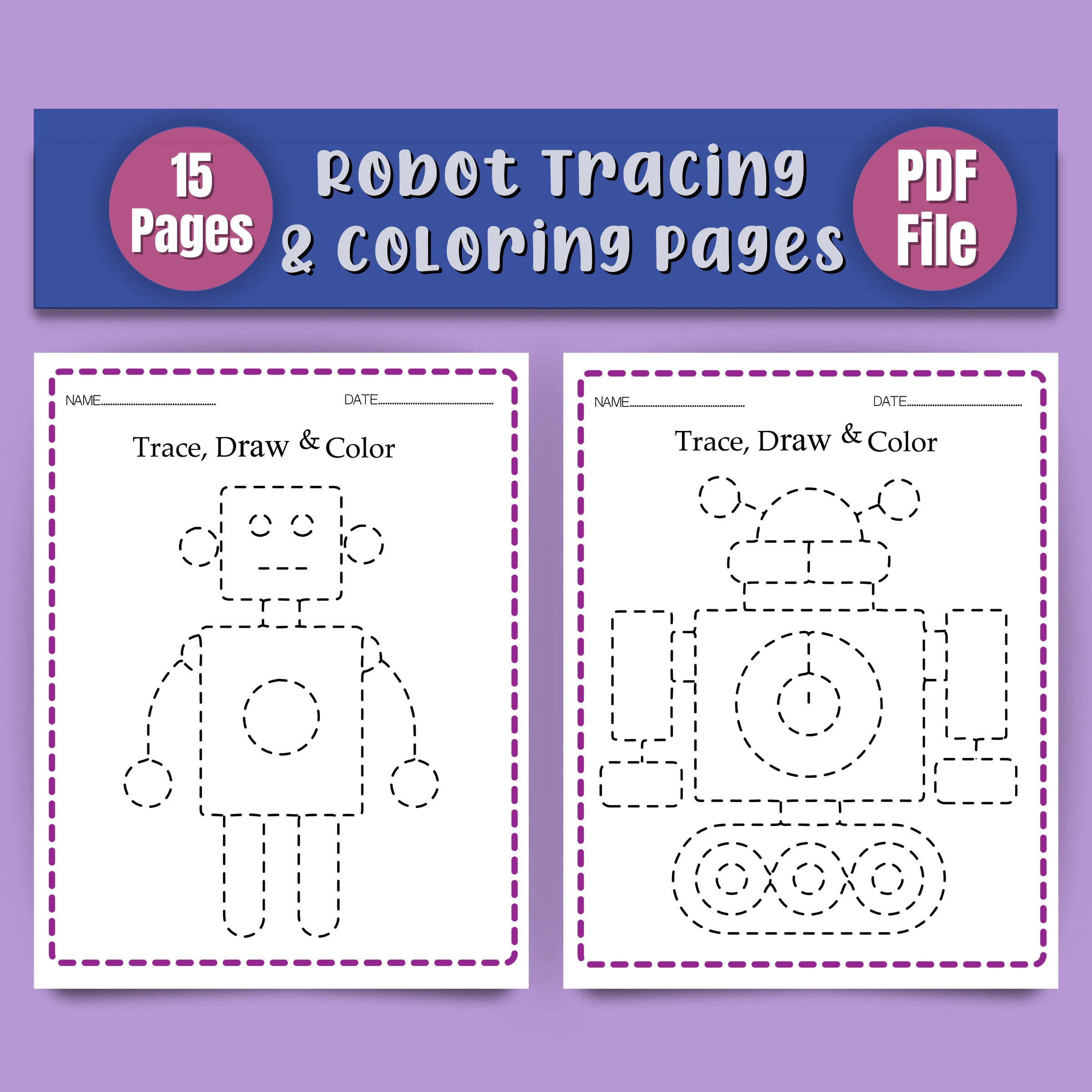 Robot Tracing Coloring Pages Kids Learning Activity PDF 